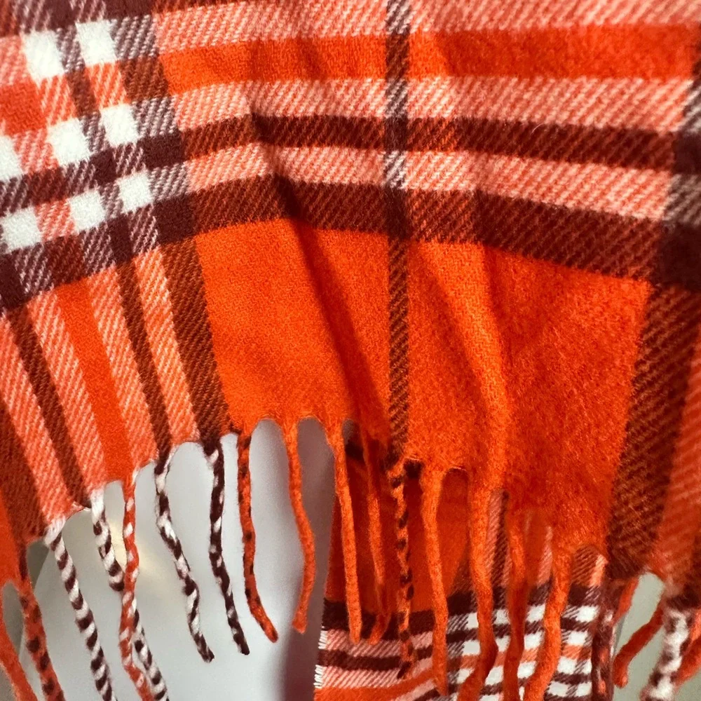 Orange Plaid Scarf Fringe Cashmere- Like Unisex